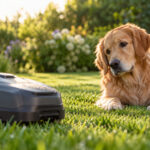 Golden Retriever liegt auf dem Rasen und schaut zu einem Mähroboter