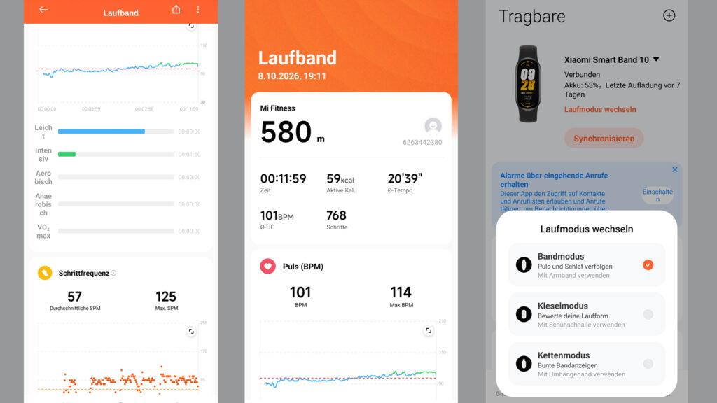 Für Lauftrainings gibt es beim Mi Band 10 ganz verschiedene Optionen