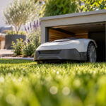 Weißer Mähroboter fährt aus einer modernen Garage mit Metallrahmen und Holzverkleidung auf den Rasen, im Hintergrund eine Terrasse mit Gartenmöbeln