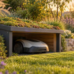 Mähroboter-Garage mit bepflanztem Sedum-Dach, eingebaut in eine Natursteinmauer zwischen Lavendel, darin parkt ein weißer Mähroboter