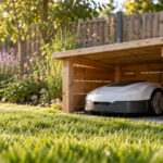 Offene Mähroboter-Garage aus unbehandeltem Holz mit Pultdach, darin ein weißer Mähroboter, am Rand eines Rasens vor einem Staudenbeet
