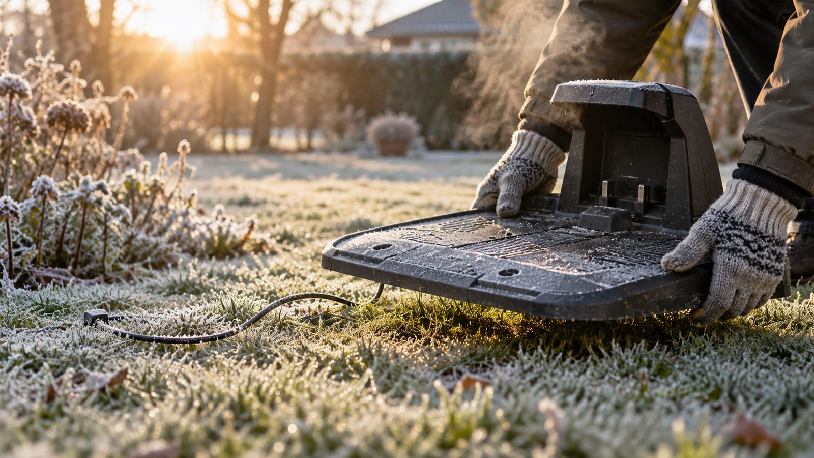 Bei Frost wird die Ladestation abgebaut, gereinigt und mit dem Netzteil frostfrei gelagert Person mit Strickhandschuhen hebt die Ladestation eines Mähroboters vom bereiften Rasen