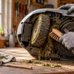 Person mit Arbeitshandschuhen bürstet Grasreste von der Unterseite und den Rädern eines Mähroboters