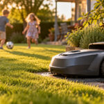 Kinder spielen Fußball im Garten, während der Mähroboter in seiner Garage parkt