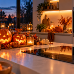 Beleuchteter Edelstahl-Einbaubackofen mit Kürbis-Muffins auf dem Backblech, daneben leuchtende Halloween-Kürbisse, Kerzen und Herbstlaub auf der Arbeitsplatte