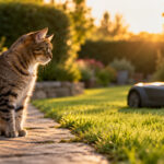 Getigerte Katze sitzt am Gartenweg und beobachtet einen Mähroboter auf dem Rasen
