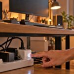 Finger drückt den Schalter einer smarten Steckdose an der Steckdosenleiste unter einem Schreibtisch