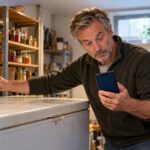 Mann misst im Keller mit einer smarten Steckdose und dem Smartphone den Verbrauch einer Gefriertruhe