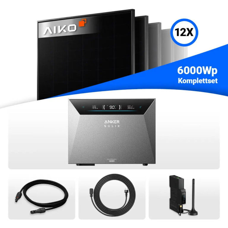 6000W Solarkraftwerk mit Speicher – 12x AIKO 500W Full Black & Anker SOLIX Solarbank 4 Pro