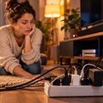 Frau sitzt im Wohnzimmer vor einer vollen Steckdosenleiste mit leuchtenden Standby-LEDs von TV-Geräten