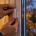 Hände montieren einen Tür- und Fensterkontakt am weißen Fensterrahmen