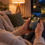 Frau auf dem Sofa sieht auf dem Smartphone das Livebild der Außenkamera von der Einfahrt