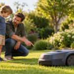 Vater kniet im Garten neben seinem Sohn und zeigt auf einen Mähroboter