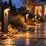 Wegleuchten mit Bewegungsmelder an einem nassen Gartenweg mit Herbstlaub