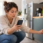 Frau steckt eine smarte WLAN-Steckdose in der Küche ein und prüft den Stromverbrauch in der App